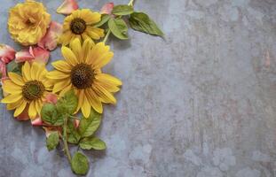 top visie van zonnebloem Aan leggen vlak veelkleurig achtergrond foto