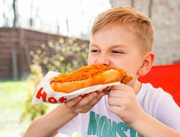 een jongen eet een hotdog Bij een tafel in een cafe in een voorjaar park foto