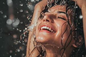 vrolijk jong meisje onder de rennen water van de douche foto