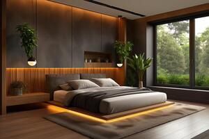 interieur ontwerp van een modern slaapkamer in grijs tonen en hout trimmen en subtiel verlichting foto