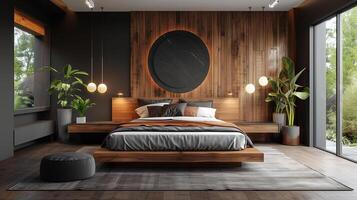 interieur ontwerp van een modern slaapkamer in grijs tonen en hout trimmen en subtiel verlichting foto