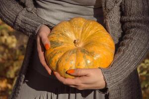 een vrouw houdt een rijp oranje ronde pompoen in haar handen foto