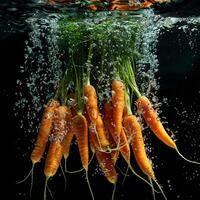 wortels vallend in water met plons Aan zwart achtergrond. foto