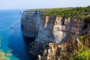 kust majesteit adembenemend kust- kliffen ontmoeten verbijsterend blauw zee, een schouwspel van van de natuur grootsheid foto