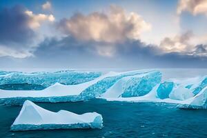 majestueus ijs kliffen gekroond door een koel atmosfeer, ingelijst door de mooi zee en lucht, toveren een harmonisch panorama van van de natuur ijzig grootsheid en oceanisch pracht foto