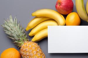 kaart en wit papier mockup geharmoniseerd met vers fruit, bouwen een zichtbaar symfonie van listig ontwerp en culinaire vreugde, waar gezond ingrediënten samenvoegen in een feest van levendig beelden foto