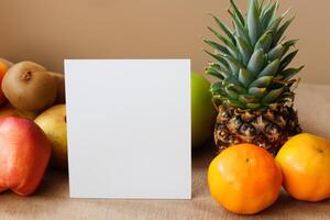 kaart en wit papier mockup geharmoniseerd met vers fruit, bouwen een zichtbaar symfonie van listig ontwerp en culinaire vreugde, waar gezond ingrediënten samenvoegen in een feest van levendig beelden foto