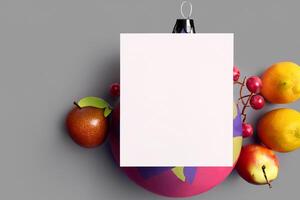 kaart en wit papier mockup geharmoniseerd met vers fruit, bouwen een zichtbaar symfonie van listig ontwerp en culinaire vreugde, waar gezond ingrediënten samenvoegen in een feest van levendig beelden foto