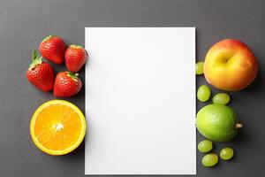 kaart en wit papier mockup geharmoniseerd met vers fruit, bouwen een zichtbaar symfonie van listig ontwerp en culinaire vreugde, waar gezond ingrediënten samenvoegen in een feest van levendig beelden foto