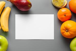 kaart en wit papier mockup geharmoniseerd met vers fruit, bouwen een zichtbaar symfonie van listig ontwerp en culinaire vreugde, waar gezond ingrediënten samenvoegen in een feest van levendig beelden foto