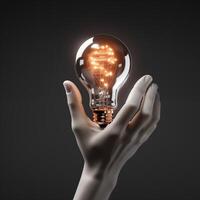 hand- houden licht lamp. concept idee, innovatie. technologie toekomst, vooruitgang digitaal informatie foto