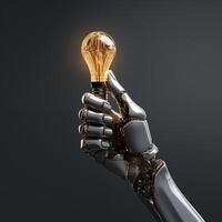 lamp in hand, robot houden licht. concept idee, innovatie. technologie toekomst, vooruitgang digitaal informatie foto