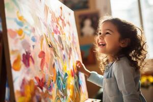 kind scherpstellen Aan een canvas, kamer gevulde met kunst, zacht natuurlijk licht, detailopname foto