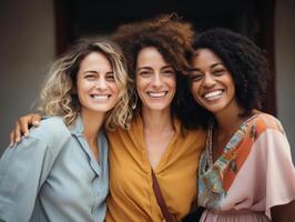 Dames van verschillend achtergronden, gewoontjes stijl, helder dag, panoramisch, natuurlijk glimlacht foto