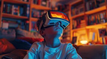 jongen gebruik makend van virtueel realiteit in zijn huis foto