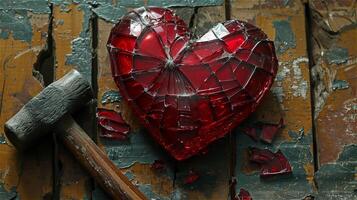 verbrijzeld rood glas hart met hamer foto