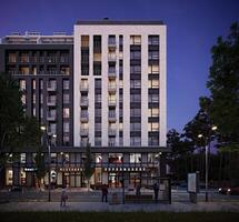 3d renderen van een modern met meerdere verdiepingen stad gebouw met restaurants en winkels in de avond foto