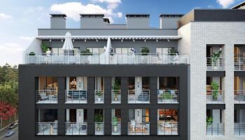 3d renderen van een een deel van een modern met meerdere verdiepingen stad gebouw met balkons en terrassen foto