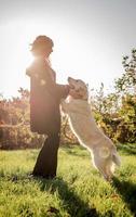 mooie blanke vrouw speelt met haar gouden labrador retriever-hond in een park in de zonsondergang foto