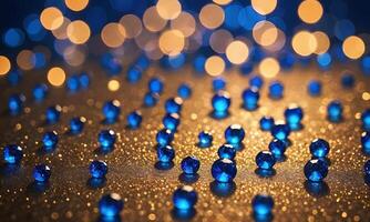 saffier schitteren bokeh achtergrond. ongericht flikkering Koninklijk blauw fonkeling. kristal druppels behang foto