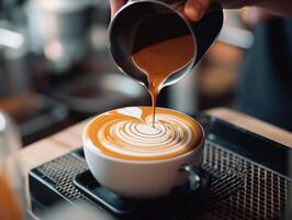 hand- van gieten melk naar maken latte kunst koffie Bij cafe winkel.. foto