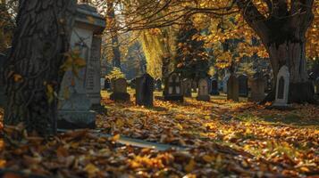 kalmte te midden van de bladeren, vredig begraafplaats met oude grafstenen, reeks in een herfst- landschap foto
