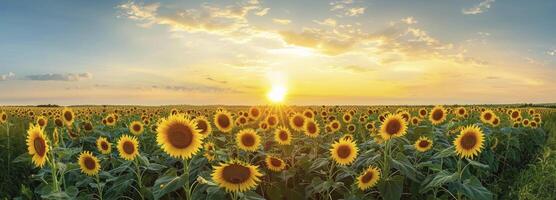 zonnebloemen veld- Aan een zonsondergang achtergrond foto