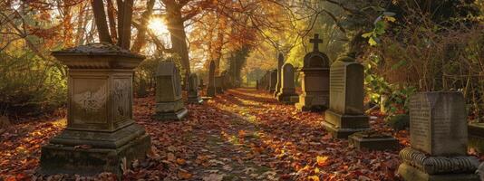 kalmte te midden van de bladeren, vredig begraafplaats met oude grafstenen, reeks in een herfst- landschap foto
