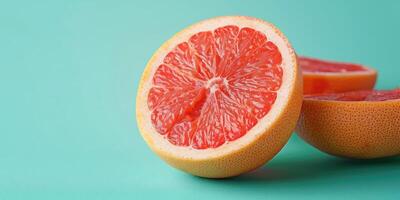 voor de helft van een vers grapefruit Aan een blauw achtergrond met kopiëren ruimte. foto