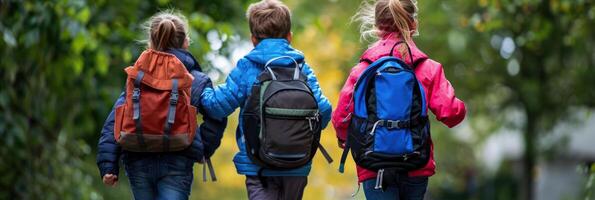 drie kinderen met rugzakken rennen naar school- foto