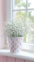 roze en wit polka punt bloem pot met baby's adem bloemen foto