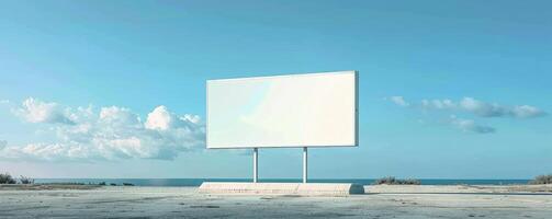 blanco wit aanplakbord mockup Aan blauw lucht achtergrond, breed banier voor reclame. foto