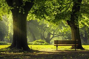 een zonnig park met houten bank onder groot bomen in de achtergrond foto