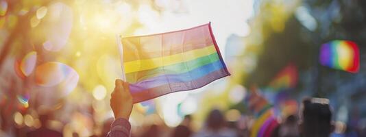 persoon golvend regenboog vlag Bij trots optocht of festival, lgbt concept met wazig menigte en bokeh achtergrond, zonnig dag foto