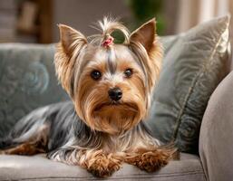 portret van een yorkshire terriër aan het liegen Aan de sofa foto