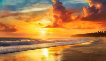 oranje zonsondergang lucht visie over- de strand met gouden uur foto