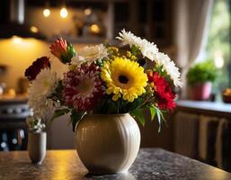 bloem in een vaas met wazig keuken achtergrond met laag licht foto