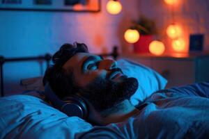jong Mens luisteren naar muziek- met hoofdtelefoons in bed Bij nacht. jong Mens ontspannende in bed foto