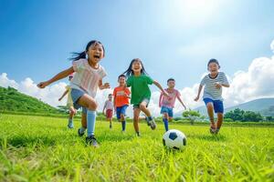 een groep van Aziatisch kinderen spelen voetbal foto