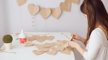 jong vrouw maken groet kaart voor Valentijnsdag dag Bij huis, detailopname foto