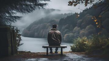 mannetje in depressie. jong Mens hebben frustratie, eenzaamheid of depressief. concept emotioneel burn-out, spanning en mentaal wanorde. foto