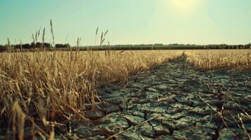 droog gebarsten bodem in enorm zomer haver veld- foto
