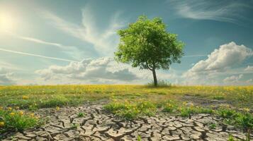 droog land met gebarsten bodem en groeit boom symboliseert klimaat Wijzigen. foto