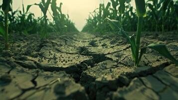 gebarsten aarde in heet zomer droogte Bij maïs veld- foto