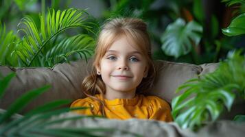 een jong meisje comfortabel gezeten Aan een sofa in een kamer gevulde met divers ingemaakt planten foto