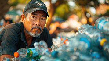 Mens sorteren plastic flessen voor recycling foto