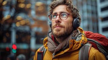 een Mens in een geel jasje luisteren naar muziek- door hoofdtelefoons foto