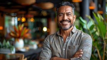 een Mens staand vol vertrouwen met zijn armen gekruiste in een restaurant foto