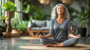 een vrouw zittend met gekruiste benen in een yoga houding Aan de verdieping foto