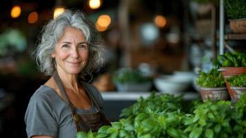 een vrouw staand in voorkant van een verscheidenheid van planten foto